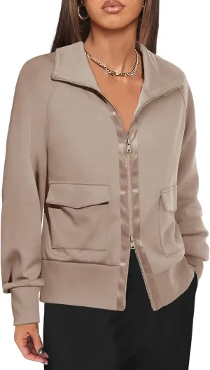 Fisoew Women's Zip up Sweatshirt Collared Neck Long Sleeve Loose Casual Lightweight Jacket with Pockets