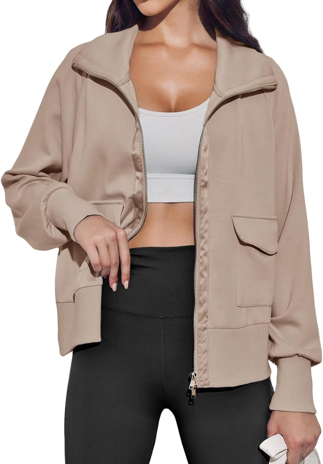 Fisoew Women's Zip up Sweatshirt Collared Neck Long Sleeve Loose Casual Lightweight Jacket with Pockets