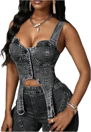 Floerns Women's Y2k Sleeveless Denim Tank Top Button Vintage Asymmetrical Hem Vest Shirts