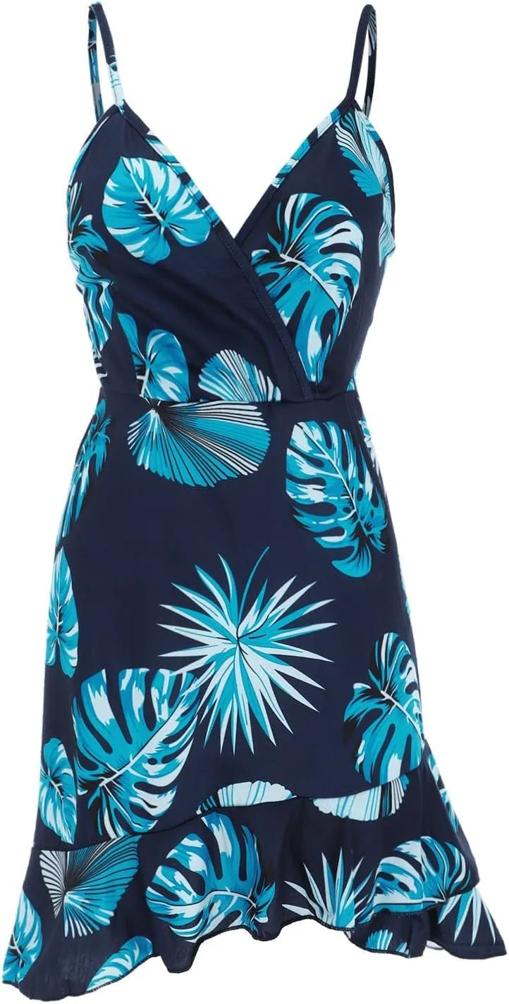 Floral Dress for Women Sexy V Neck Spaghetti Strap Mini Dress A Line High Waist Ruffle Hem Beach Dress Summer Dress