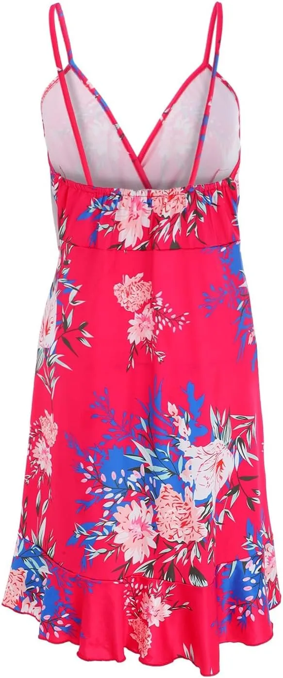 Floral Dress for Women Sexy V Neck Spaghetti Strap Mini Dress A Line High Waist Ruffle Hem Beach Dress Summer Dress