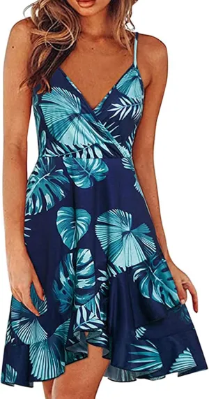 Floral Dress for Women Sexy V Neck Spaghetti Strap Mini Dress A Line High Waist Ruffle Hem Beach Dress Summer Dress