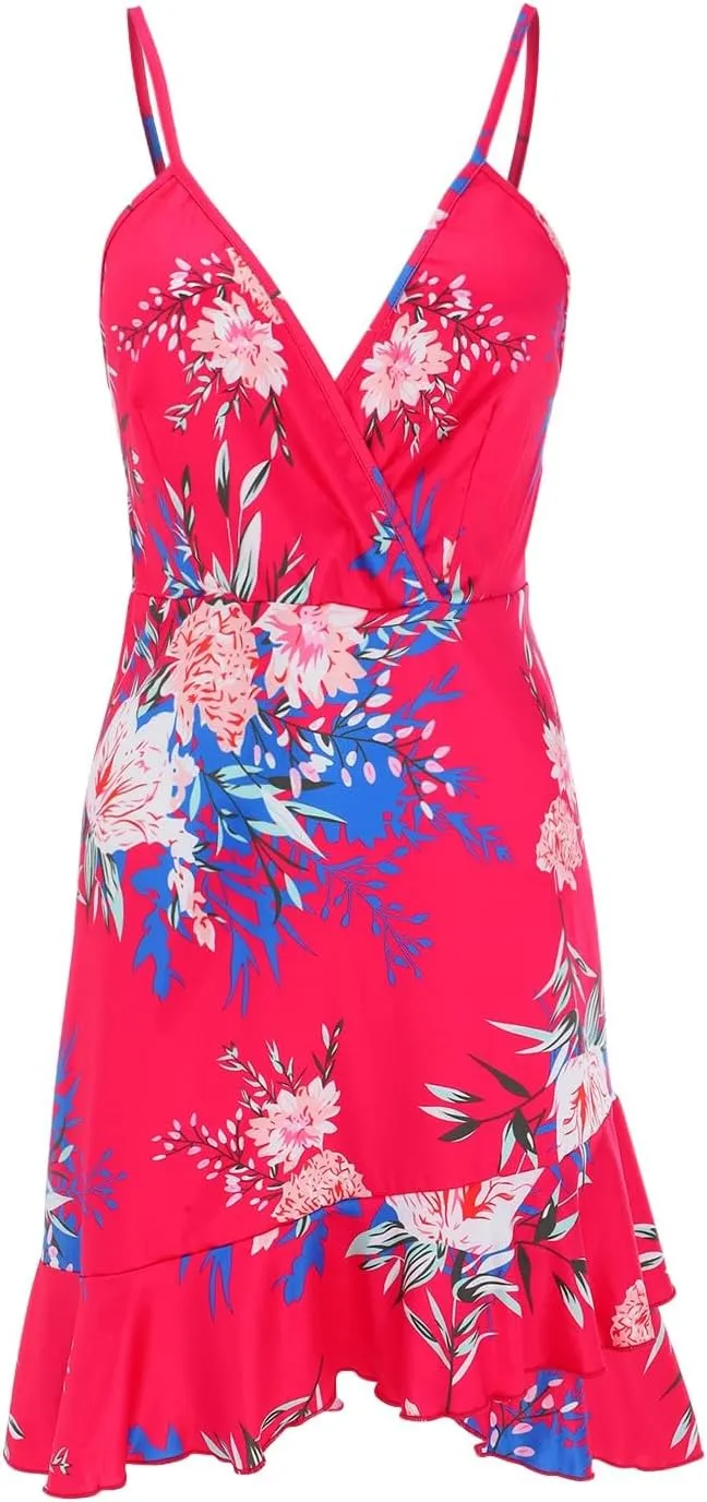Floral Dress for Women Sexy V Neck Spaghetti Strap Mini Dress A Line High Waist Ruffle Hem Beach Dress Summer Dress