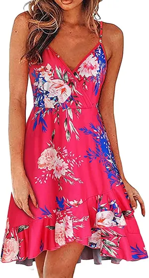Floral Dress for Women Sexy V Neck Spaghetti Strap Mini Dress A Line High Waist Ruffle Hem Beach Dress Summer Dress