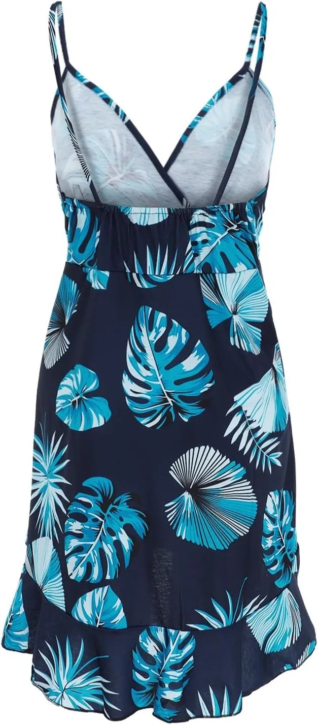 Floral Dress for Women Sexy V Neck Spaghetti Strap Mini Dress A Line High Waist Ruffle Hem Beach Dress Summer Dress