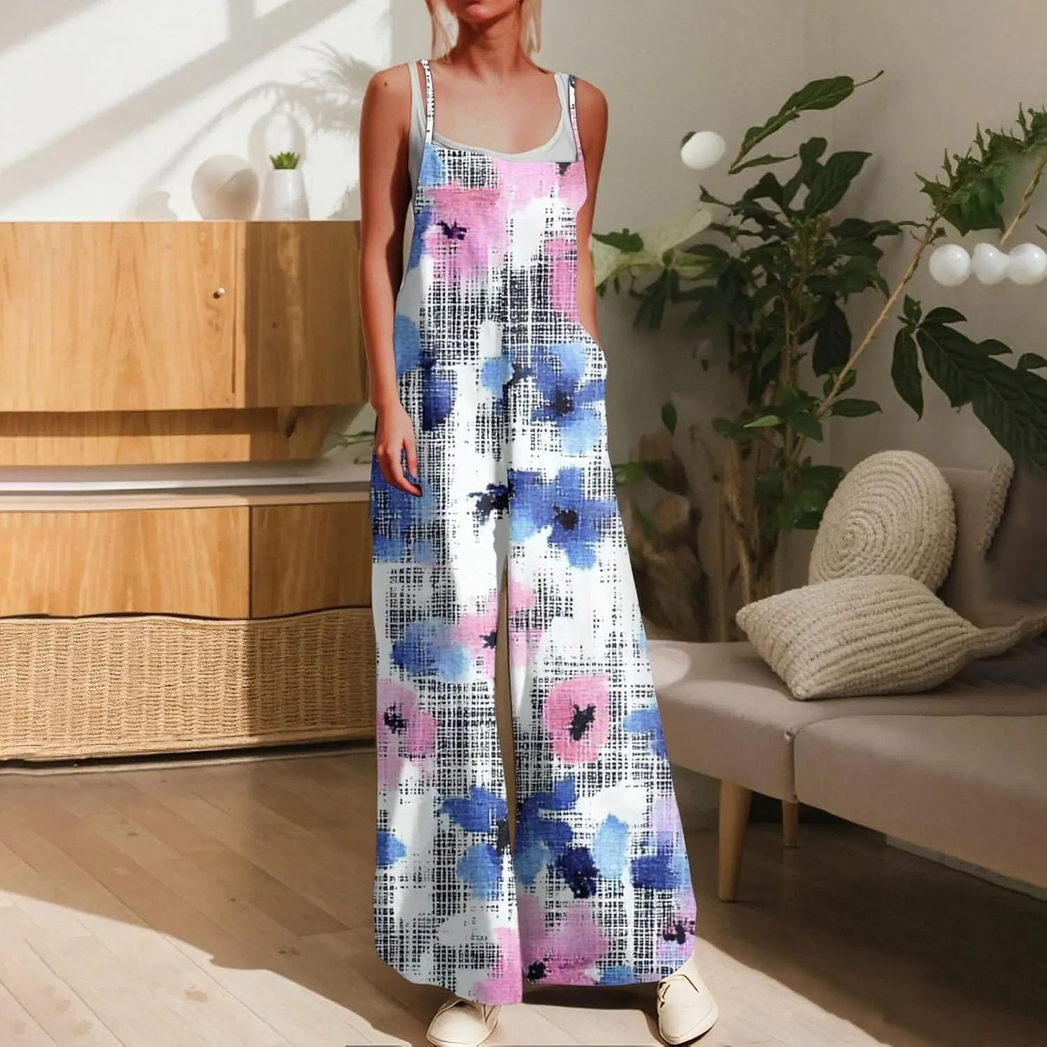 Floral Jumpsuits for Women Summer Boho Jumpsuits Casual Wide Leg Long Pant Rompers One Piece Beach Vacation Outfits