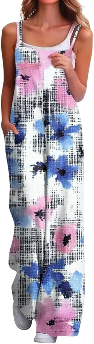 Floral Jumpsuits for Women Summer Boho Jumpsuits Casual Wide Leg Long Pant Rompers One Piece Beach Vacation Outfits