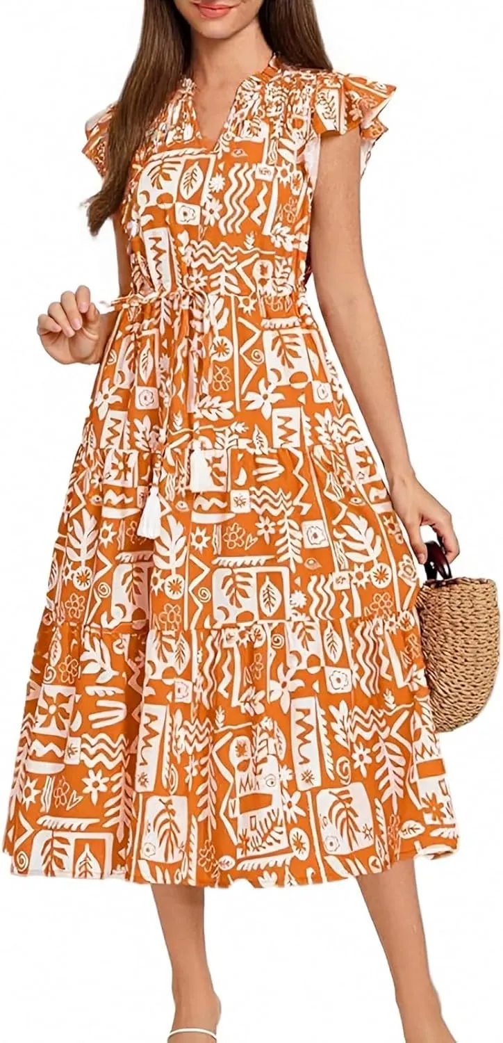 Floral Midi Dresses for Women Summer 2025 Boho Ruffle Sleeve V Neck Smocked Dress Long Flowy A Line Knot Beach Sundress