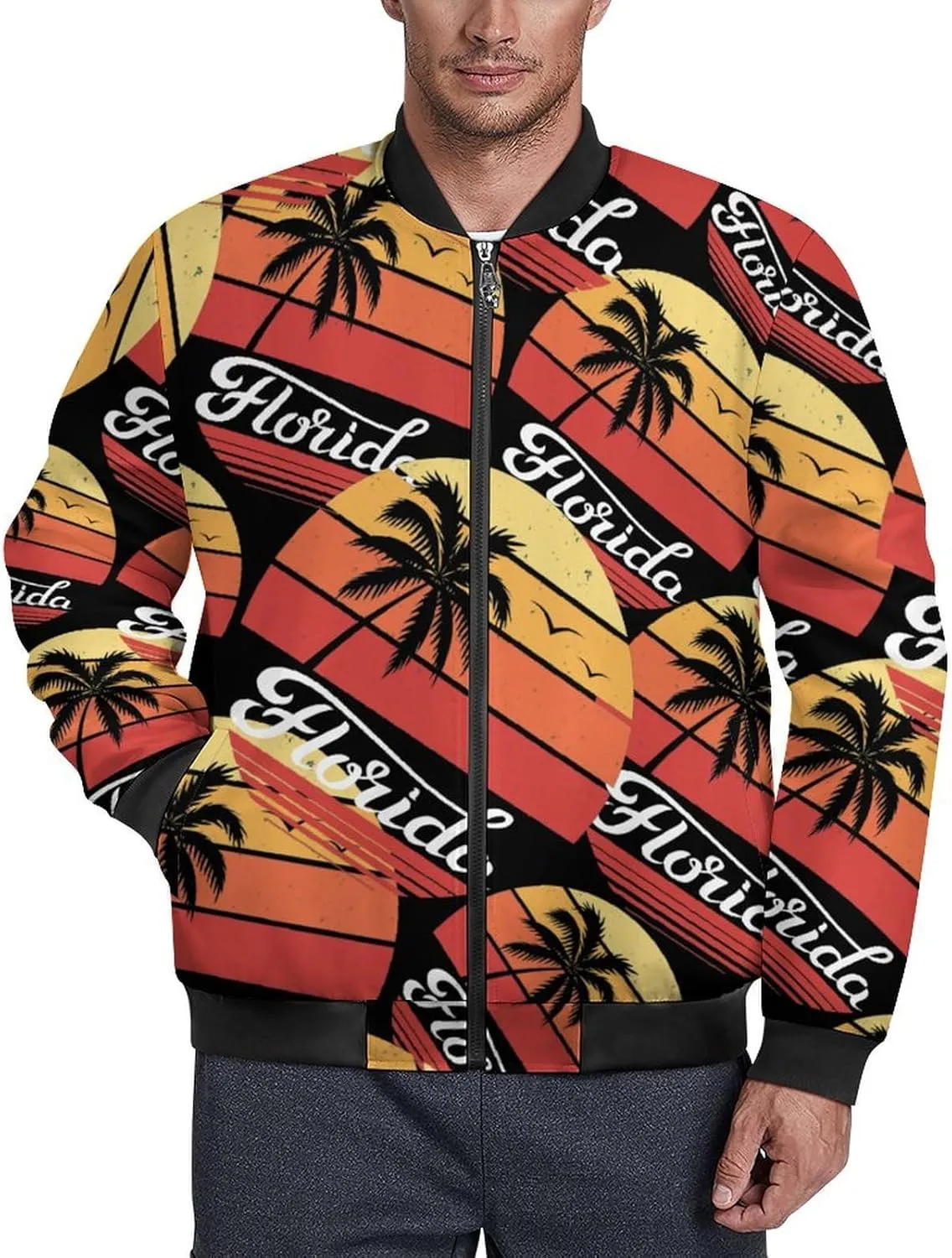Florida Palm Sunset Men's Bomber Jacket Lightweight Windbreaker Fashion Spring Fall Coats Casual Jackets for Men