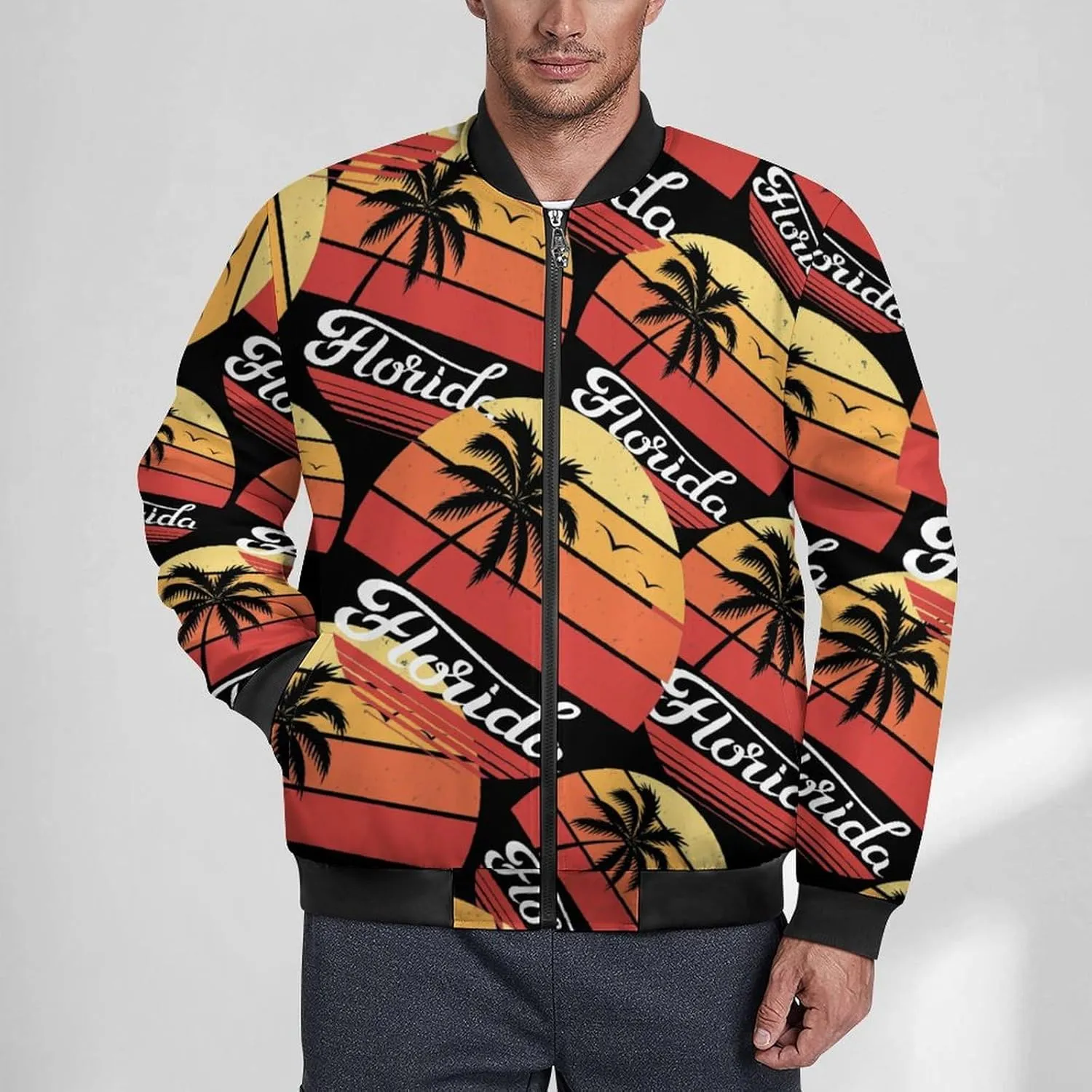 Florida Palm Sunset Men's Bomber Jacket Lightweight Windbreaker Fashion Spring Fall Coats Casual Jackets for Men
