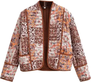 Flygo Women Cropped Puffer Jacket Cardigan Floral Printed Quilted Coats Lightweight Open Front Crop Padded Down Jackets(02Brown-S)