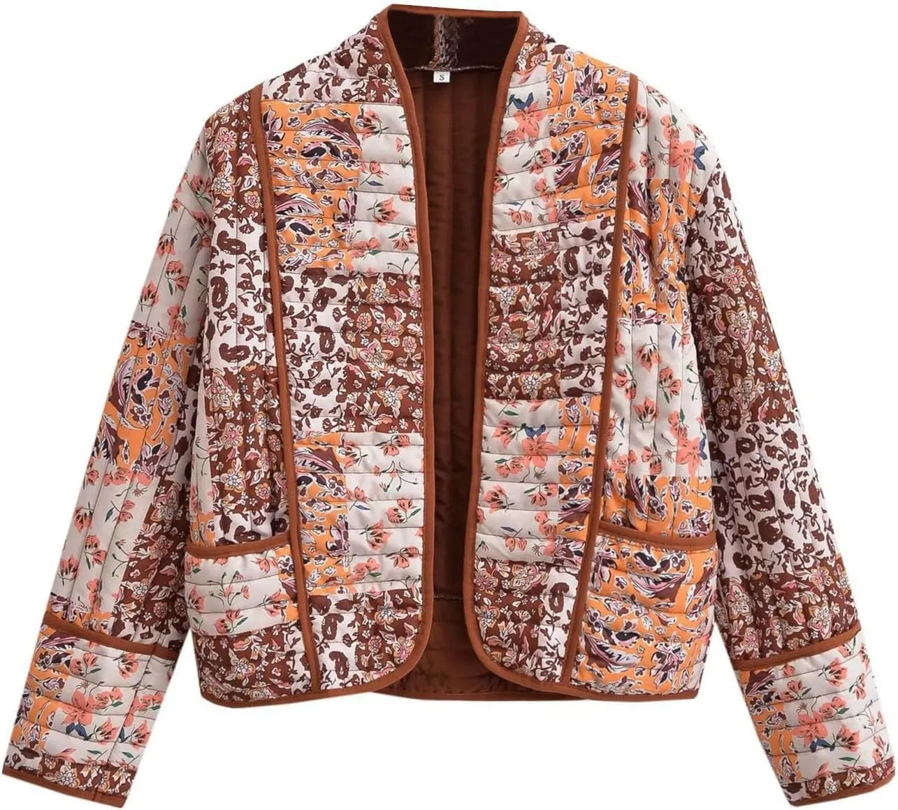 Flygo Women Cropped Puffer Jacket Cardigan Floral Printed Quilted Coats Lightweight Open Front Crop Padded Down Jackets(02Brown-S)