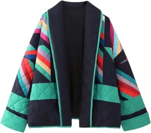 Fnfmrfmr Women Patchwork Cotton Padded Coat Winter Long Sleeve Open Front Loose Jacket Top Parkas