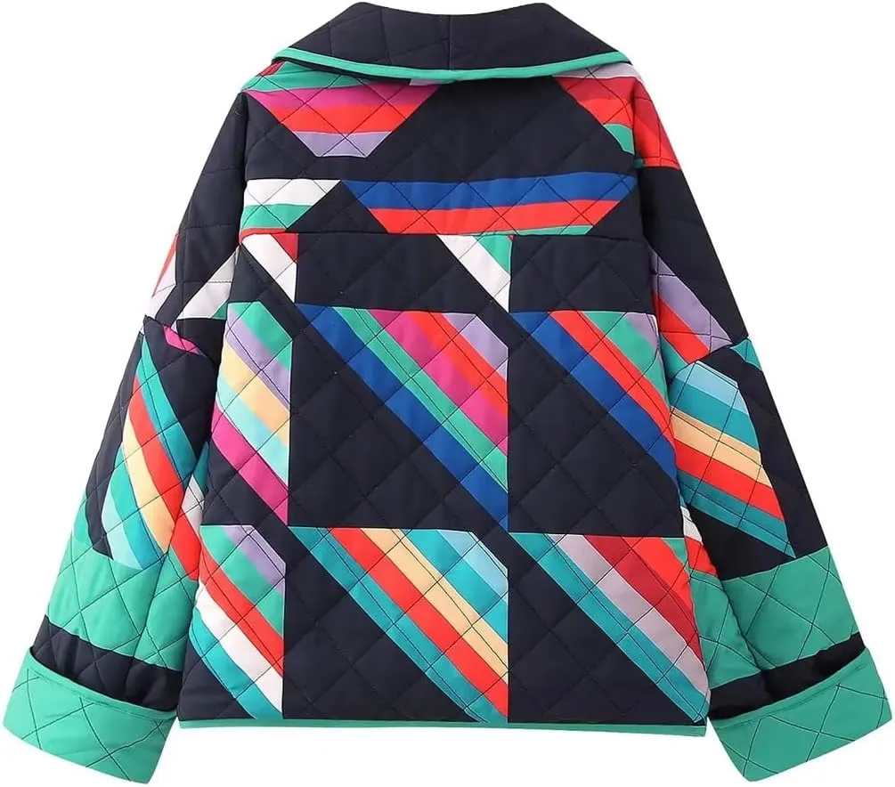 Fnfmrfmr Women Patchwork Cotton Padded Coat Winter Long Sleeve Open Front Loose Jacket Top Parkas