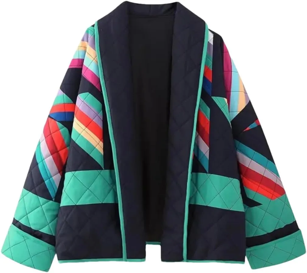 Fnfmrfmr Women Patchwork Cotton Padded Coat Winter Long Sleeve Open Front Loose Jacket Top Parkas