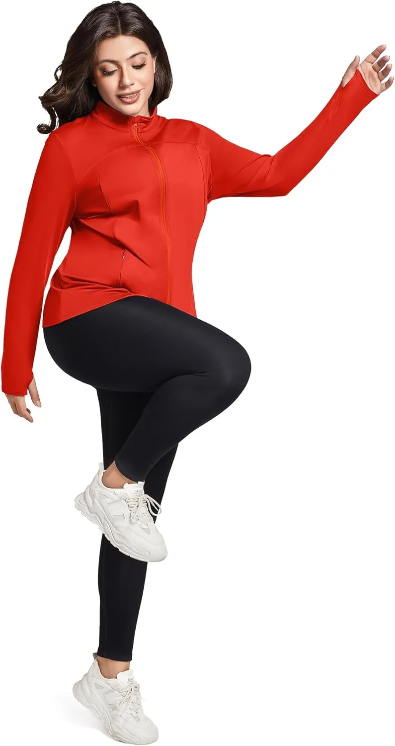 FOREYOND Plus Size Jackets for Women Athletic Workout Running Jacket Full Zip up Lightweight Yoga Tops with Thumb Holes