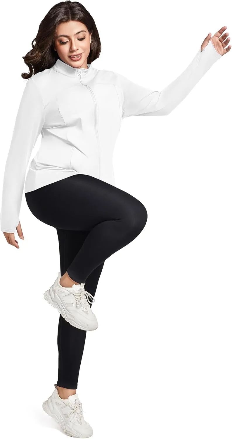 FOREYOND Plus Size Jackets for Women Athletic Workout Running Jacket Full Zip up Lightweight Yoga Tops with Thumb Holes