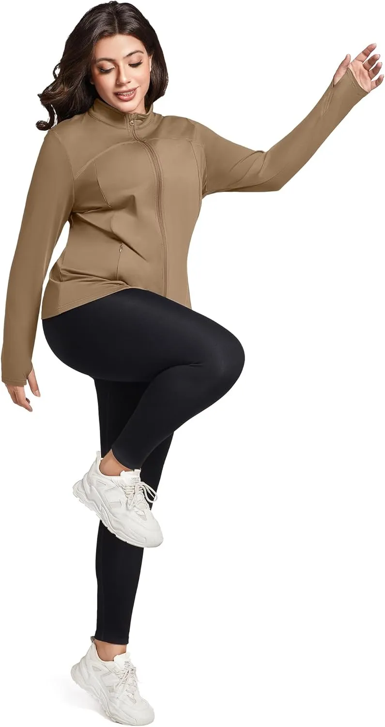 FOREYOND Plus Size Jackets for Women Athletic Workout Running Jacket Full Zip up Lightweight Yoga Tops with Thumb Holes
