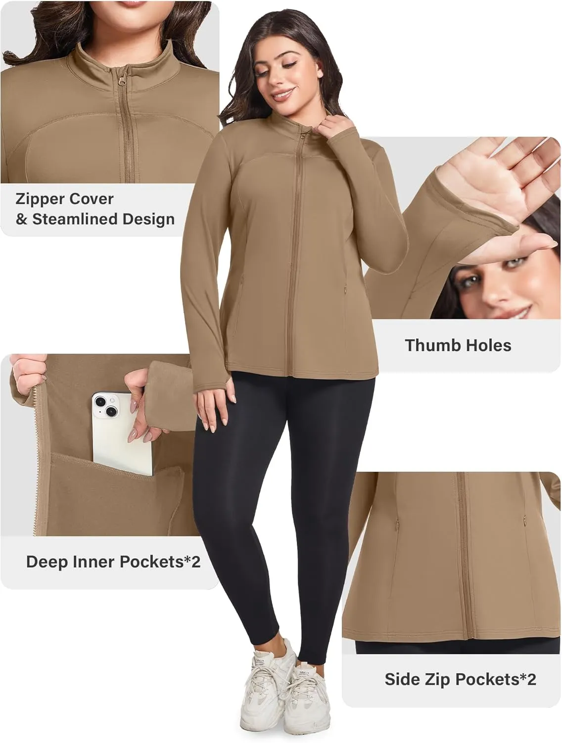 FOREYOND Plus Size Jackets for Women Athletic Workout Running Jacket Full Zip up Lightweight Yoga Tops with Thumb Holes