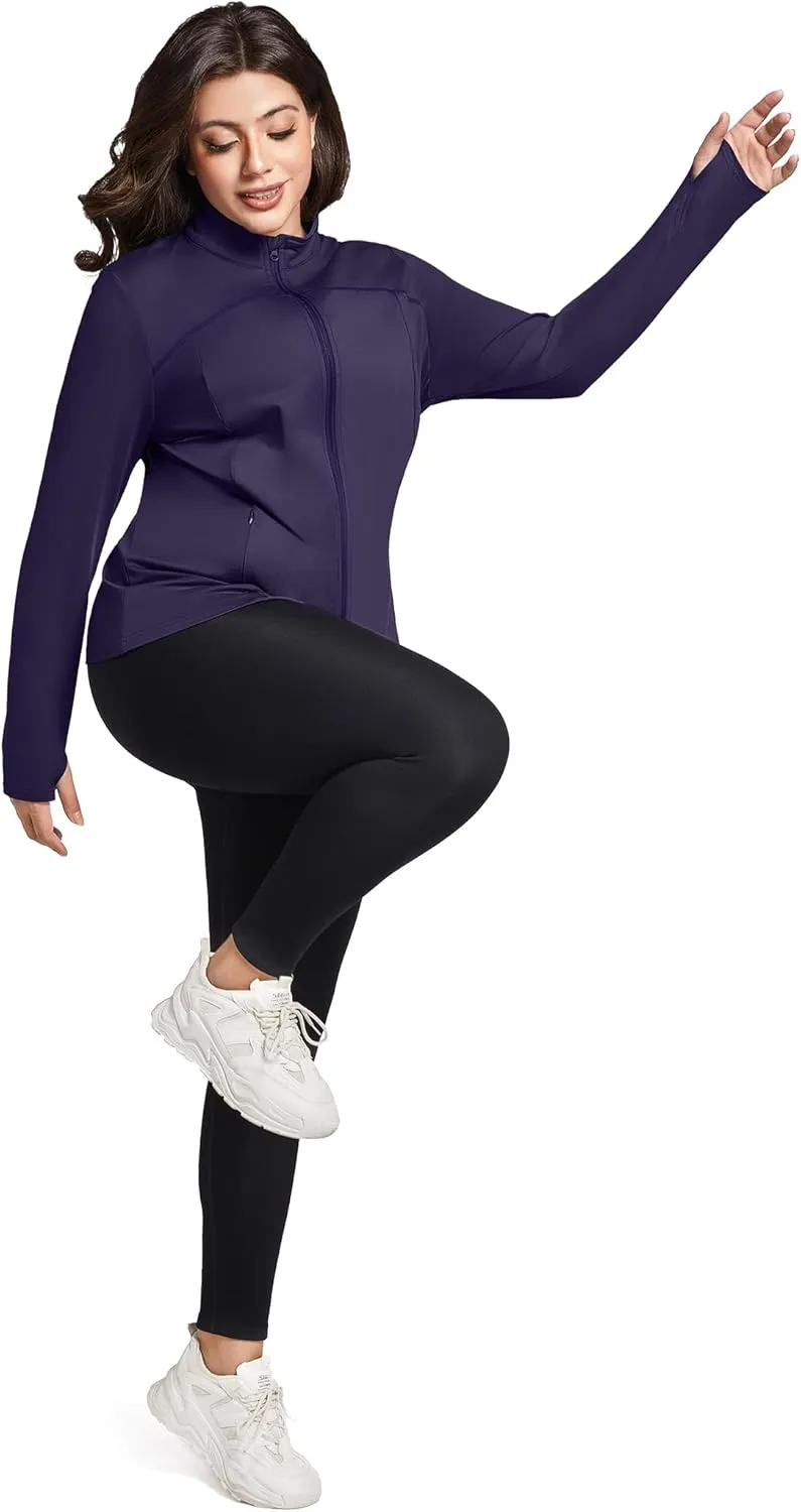 FOREYOND Plus Size Jackets for Women Athletic Workout Running Jacket Full Zip up Lightweight Yoga Tops with Thumb Holes