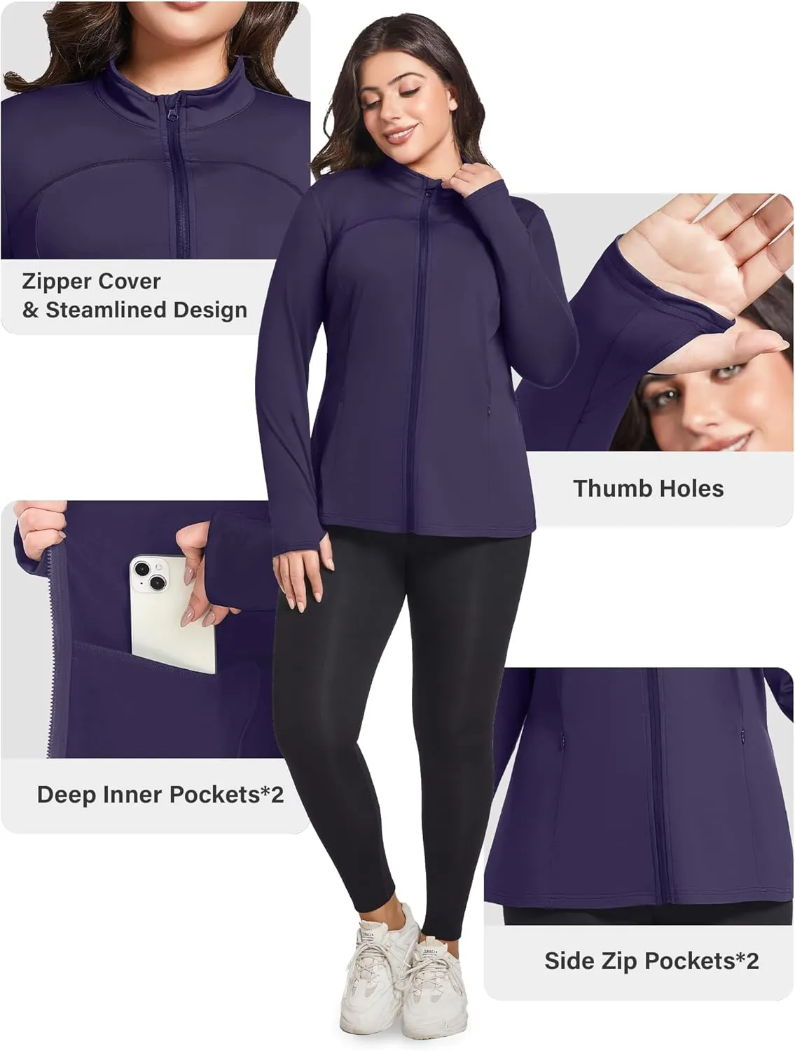 FOREYOND Plus Size Jackets for Women Athletic Workout Running Jacket Full Zip up Lightweight Yoga Tops with Thumb Holes