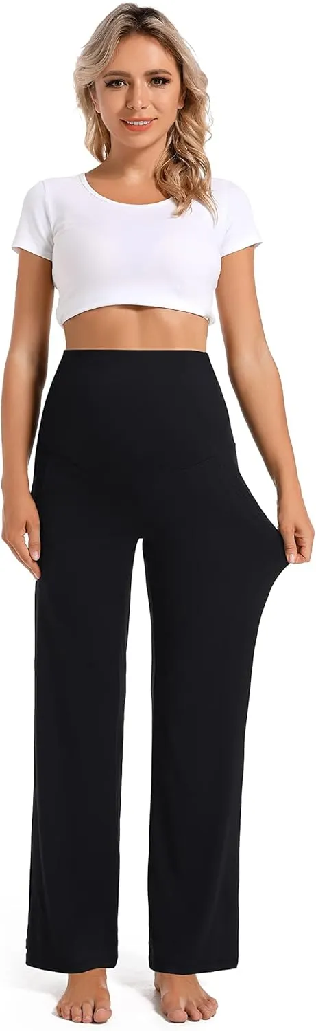 Foucome Women's Maternity Pants Casual Loose Wide Leg Cozy Pant Pregnancy Palazzo Lounge Trousers with Pockets