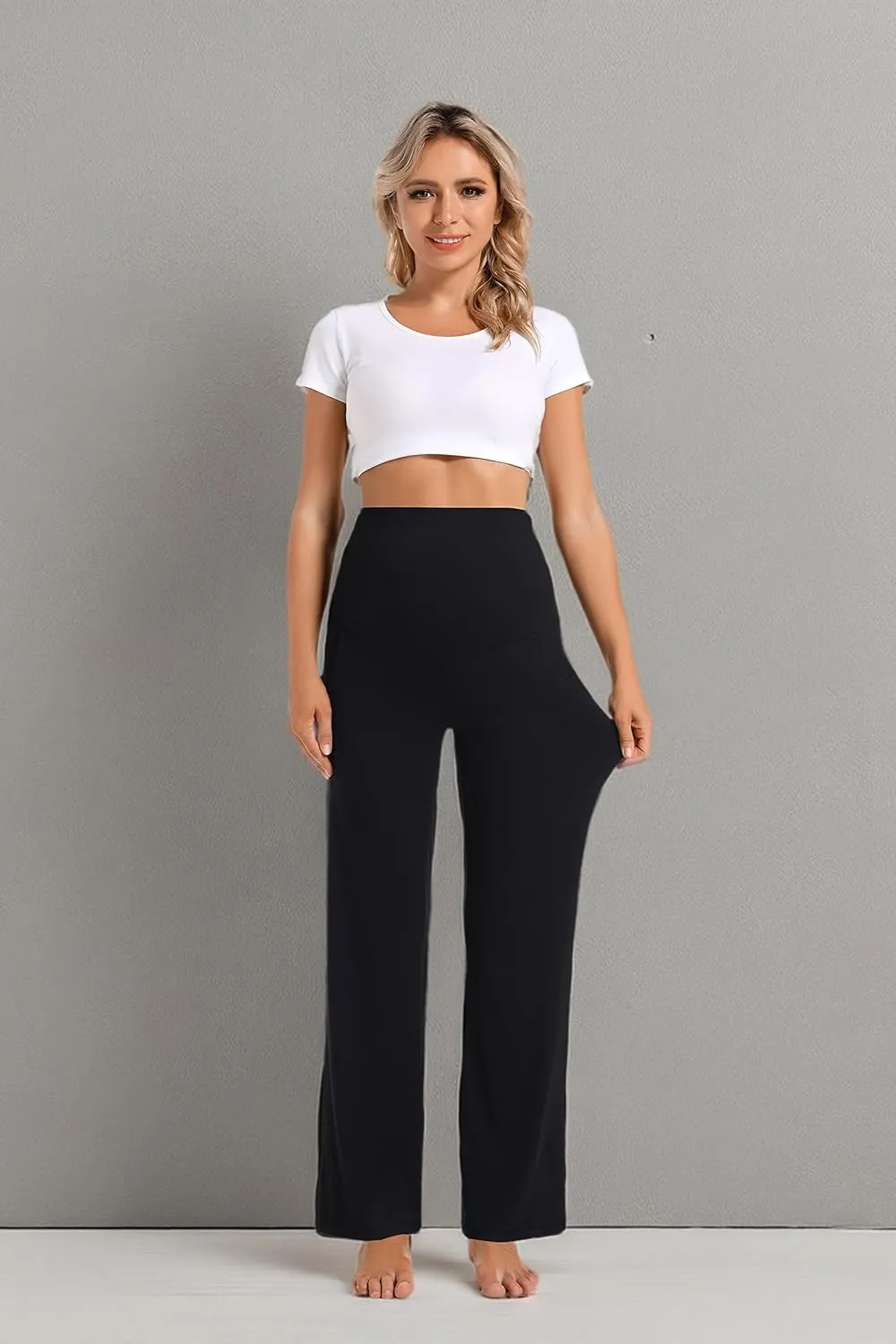 Foucome Women's Maternity Pants Casual Loose Wide Leg Cozy Pant Pregnancy Palazzo Lounge Trousers with Pockets