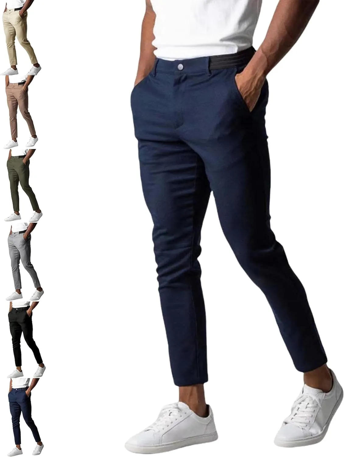 Foueo Active Chinos, Active Pants Men, Mens Chinos Slim Fit Stretch Skinny Tapered Dress Pants Casual Solid Trousers