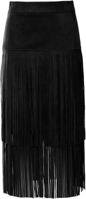 Fringe Midi High Waist Layered Tassel Suede Cowboy Bodycon Pencil Cozy Trendy Casual Skirts