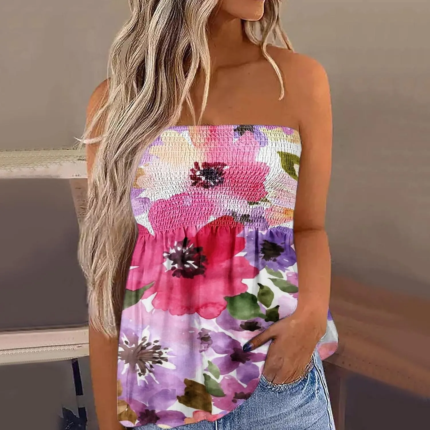 FRMUIC Womens Tube Tops Pleated Stretch Strapless Tanks Top Backless Sexy Casual Bandeau Top Summer Tunic Tanks Blouse Shirt