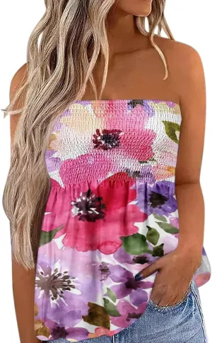 FRMUIC Womens Tube Tops Pleated Stretch Strapless Tanks Top Backless Sexy Casual Bandeau Top Summer Tunic Tanks Blouse Shirt