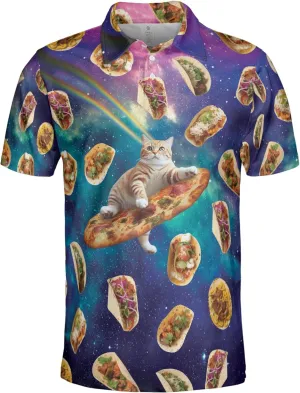 Funny Cat Polo Shirts for Men - Galaxy Cat Men's Regular Fit Quick Dry Golf Polo Shirt Series 04