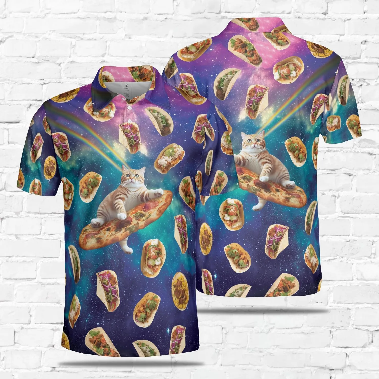 Funny Cat Polo Shirts for Men - Galaxy Cat Men's Regular Fit Quick Dry Golf Polo Shirt Series 04