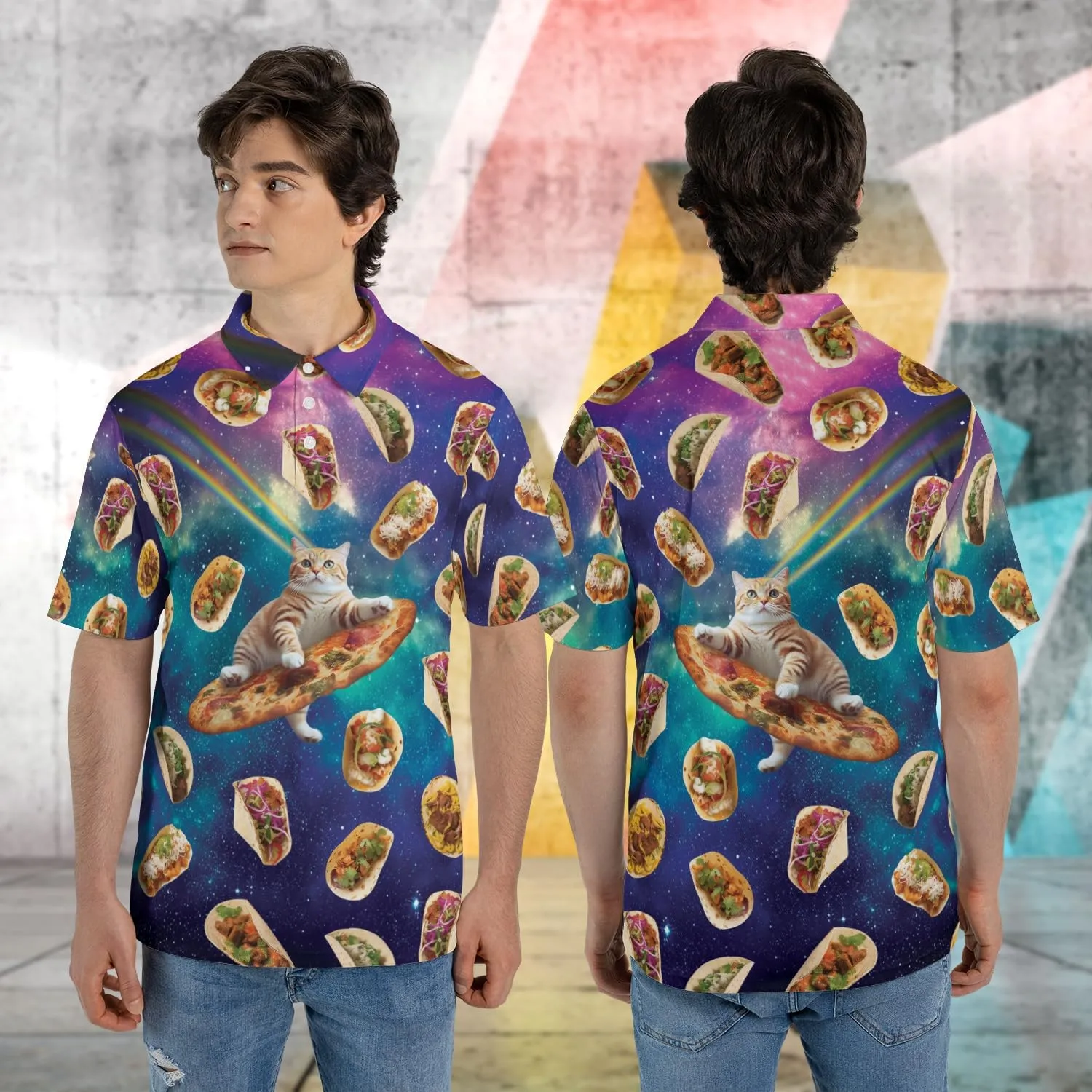 Funny Cat Polo Shirts for Men - Galaxy Cat Men's Regular Fit Quick Dry Golf Polo Shirt Series 04