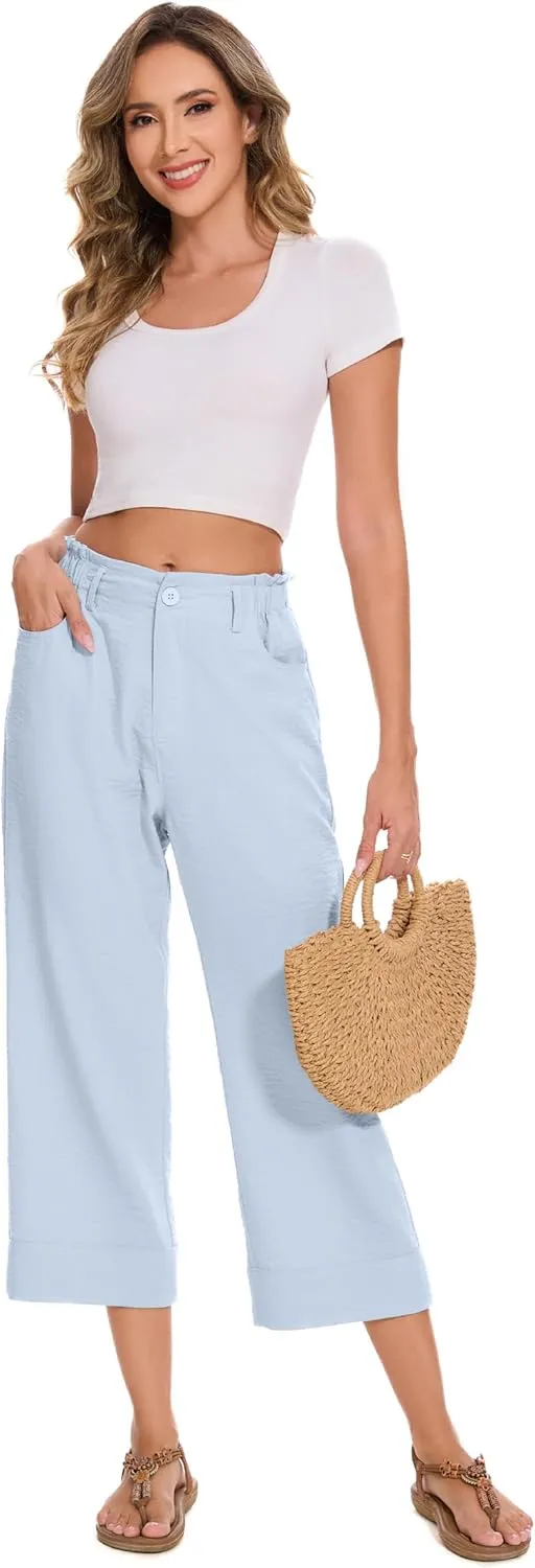 FUNYYZO Women Summer Capri Pants Trousers Pants Drawstring Waist Wide Leg Casual Loose Fit Dressy Pants