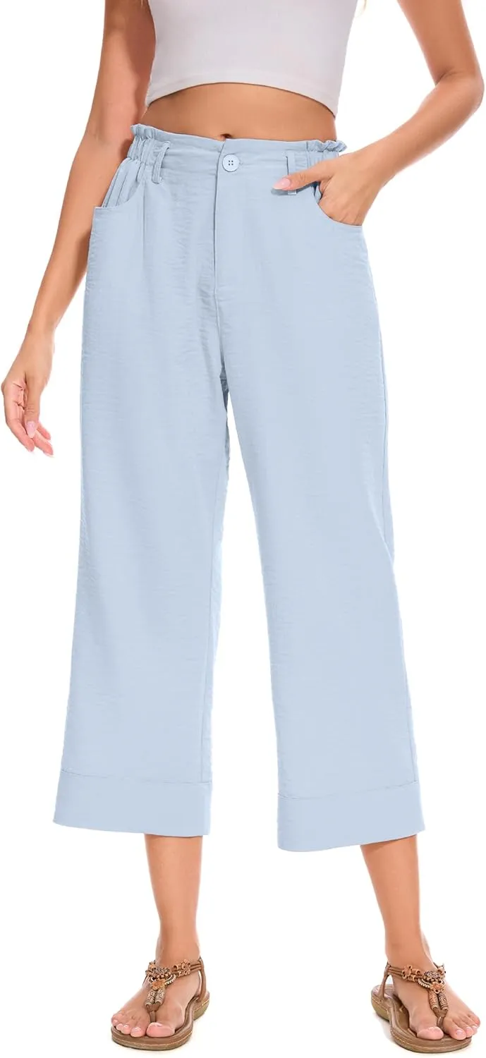 FUNYYZO Women Summer Capri Pants Trousers Pants Drawstring Waist Wide Leg Casual Loose Fit Dressy Pants