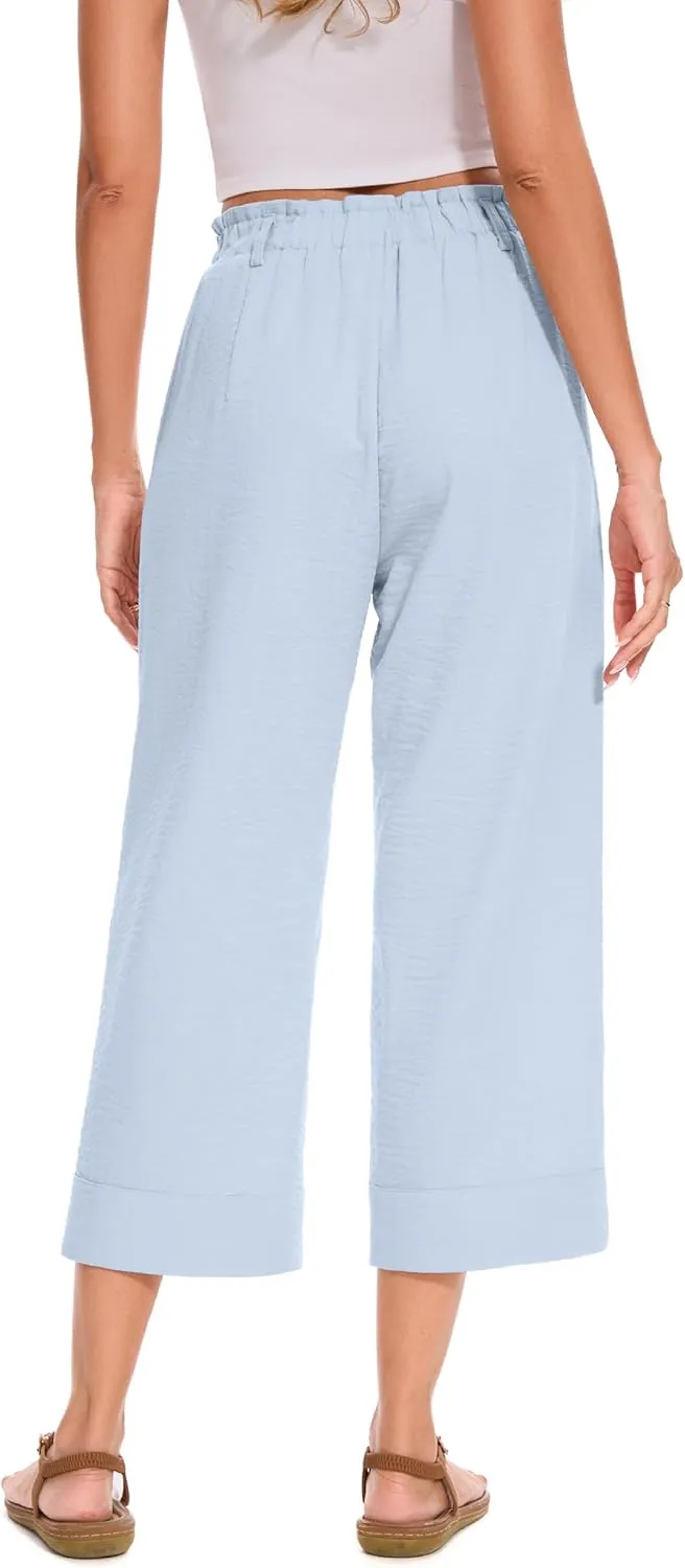FUNYYZO Women Summer Capri Pants Trousers Pants Drawstring Waist Wide Leg Casual Loose Fit Dressy Pants