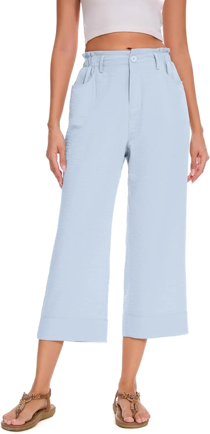 FUNYYZO Women Summer Capri Pants Trousers Pants Drawstring Waist Wide Leg Casual Loose Fit Dressy Pants