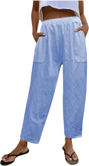 FZYLQY 2025 Summer Straight Leg Linen Pants for Women Lightweight Beach Pants Trendy Lounge Pants Comfy Trousers with Pockets