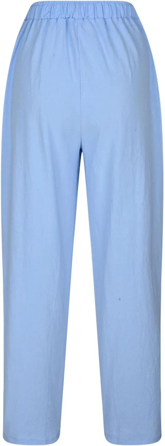 FZYLQY 2025 Summer Straight Leg Linen Pants for Women Lightweight Beach Pants Trendy Lounge Pants Comfy Trousers with Pockets