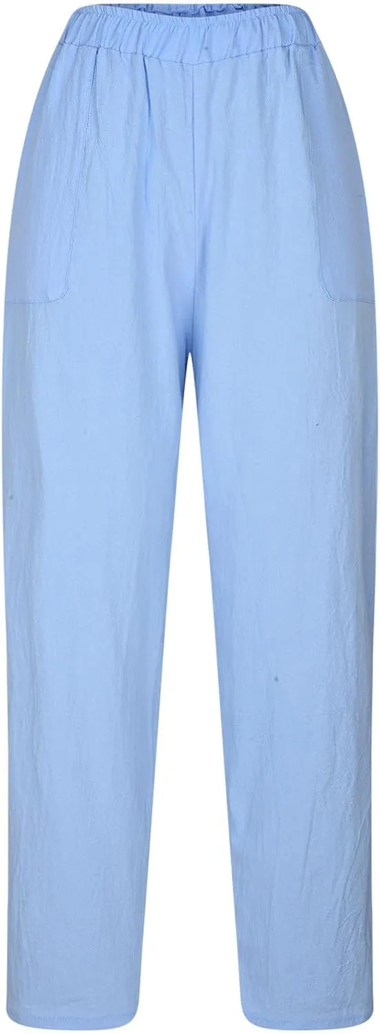 FZYLQY 2025 Summer Straight Leg Linen Pants for Women Lightweight Beach Pants Trendy Lounge Pants Comfy Trousers with Pockets