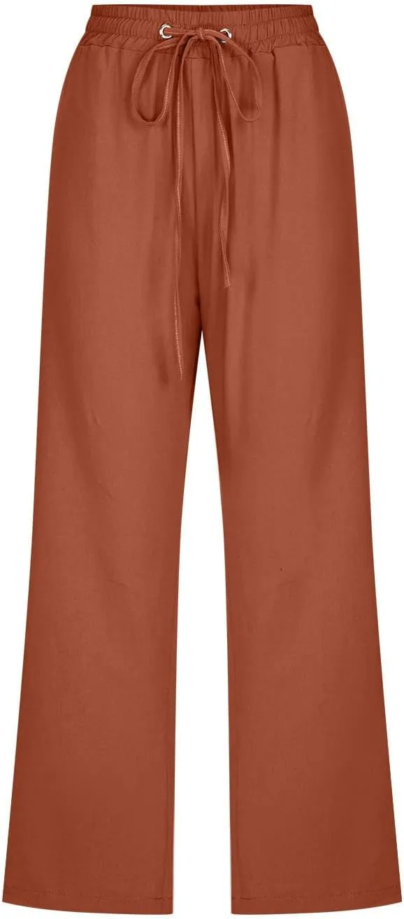 FZYLQY Capri Pants for Women Casual 2025 Summer Drawstring Elastic High Waist Linen Pant Straight Wide Leg Cropped Trousers