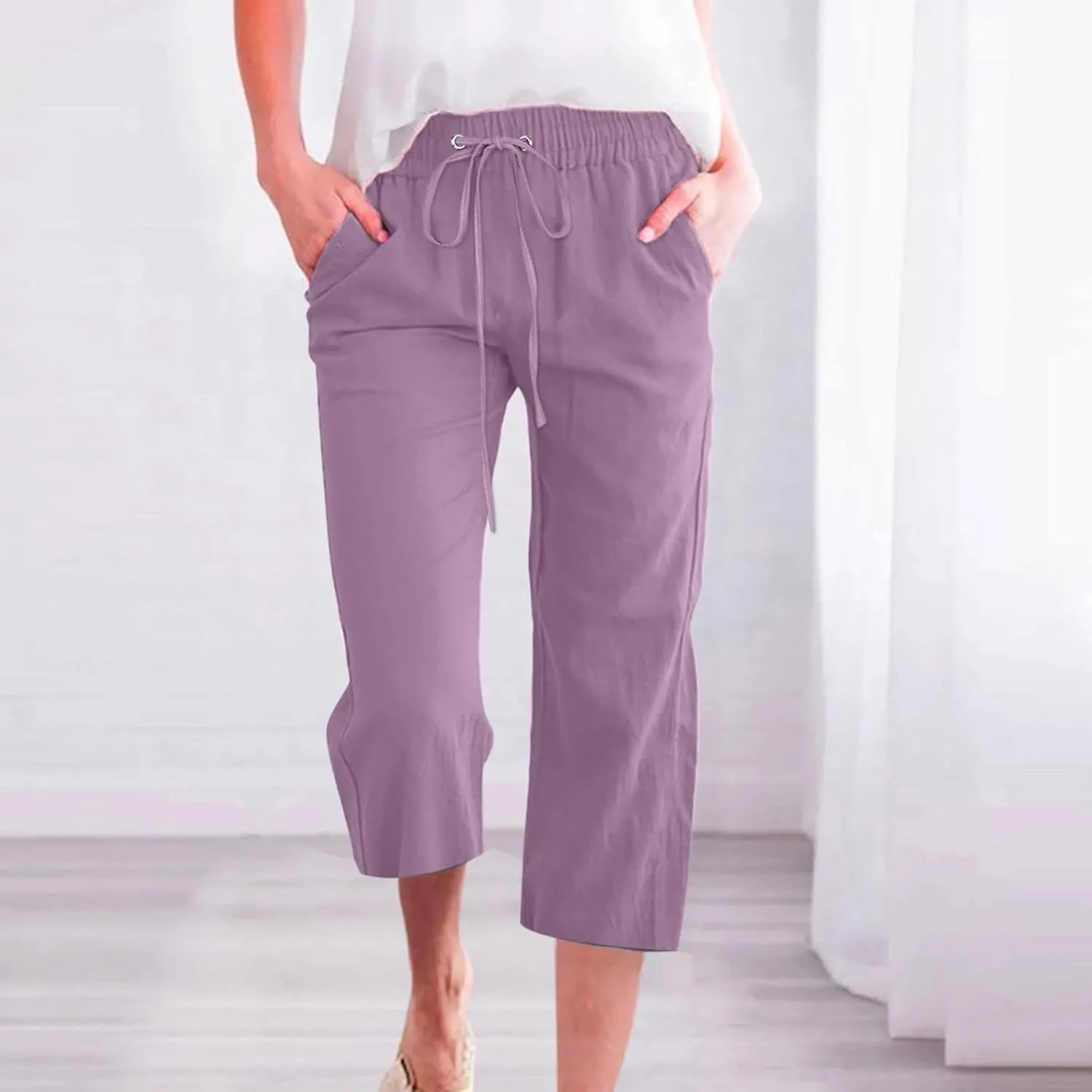 FZYLQY Capri Pants for Women Casual 2025 Summer Drawstring Elastic High Waist Linen Pant Straight Wide Leg Cropped Trousers
