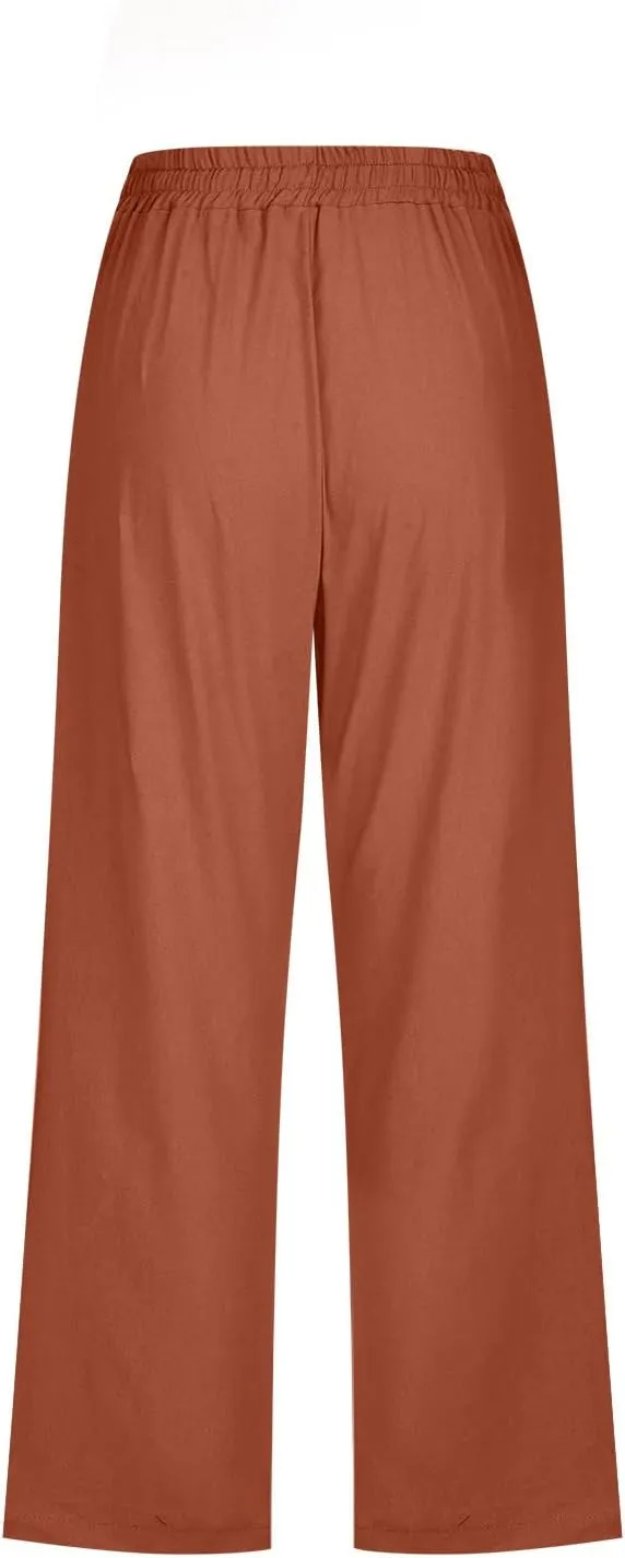FZYLQY Capri Pants for Women Casual 2025 Summer Drawstring Elastic High Waist Linen Pant Straight Wide Leg Cropped Trousers