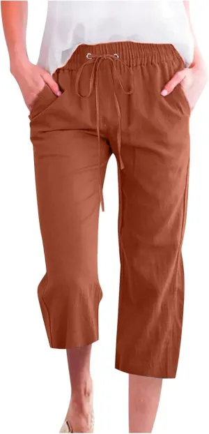 FZYLQY Capri Pants for Women Casual 2025 Summer Drawstring Elastic High Waist Linen Pant Straight Wide Leg Cropped Trousers