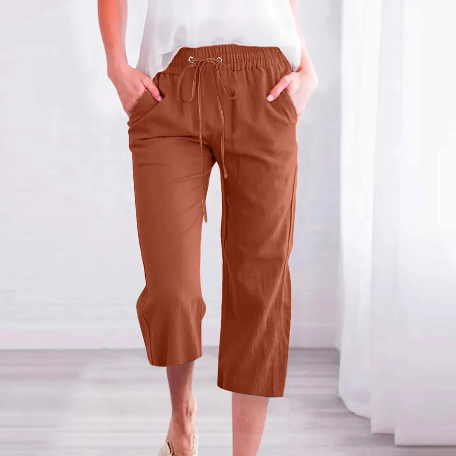 FZYLQY Capri Pants for Women Casual 2025 Summer Drawstring Elastic High Waist Linen Pant Straight Wide Leg Cropped Trousers