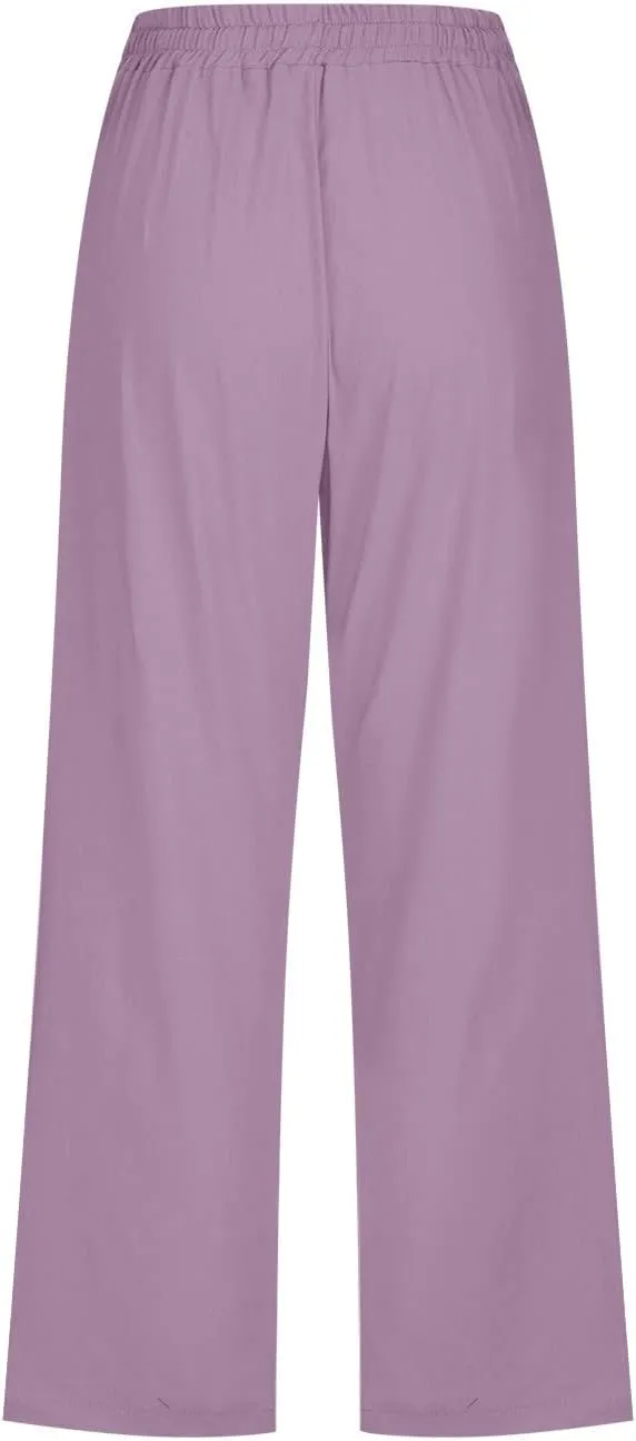 FZYLQY Capri Pants for Women Casual 2025 Summer Drawstring Elastic High Waist Linen Pant Straight Wide Leg Cropped Trousers