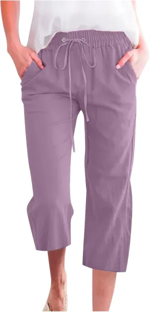 FZYLQY Capri Pants for Women Casual 2025 Summer Drawstring Elastic High Waist Linen Pant Straight Wide Leg Cropped Trousers