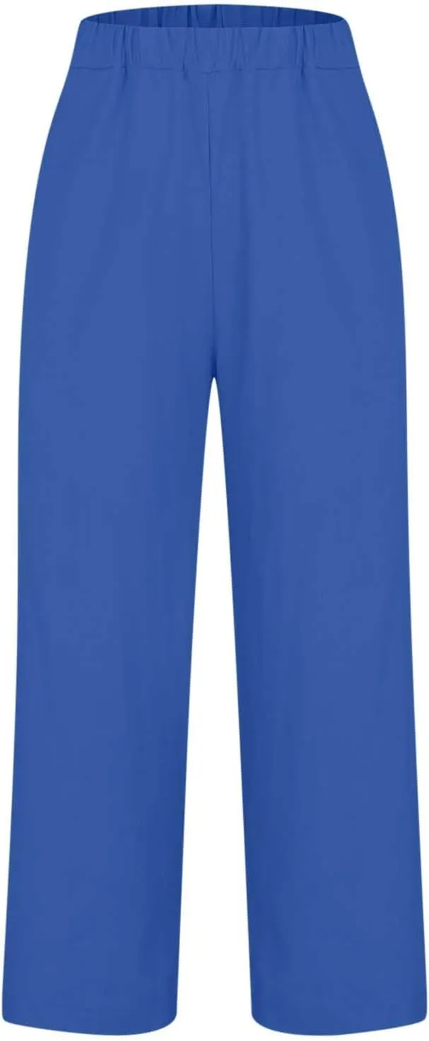 FZYLQY Cotton Linen Pants for Women Summer Elastic Waist Crop Pants Plus Size Straight Leg Slack Casual Trousers with Pocket