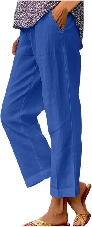 FZYLQY Cotton Linen Pants for Women Summer Elastic Waist Crop Pants Plus Size Straight Leg Slack Casual Trousers with Pocket